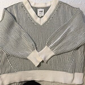 aerie Ivory and green Striped V-Neck Pullover